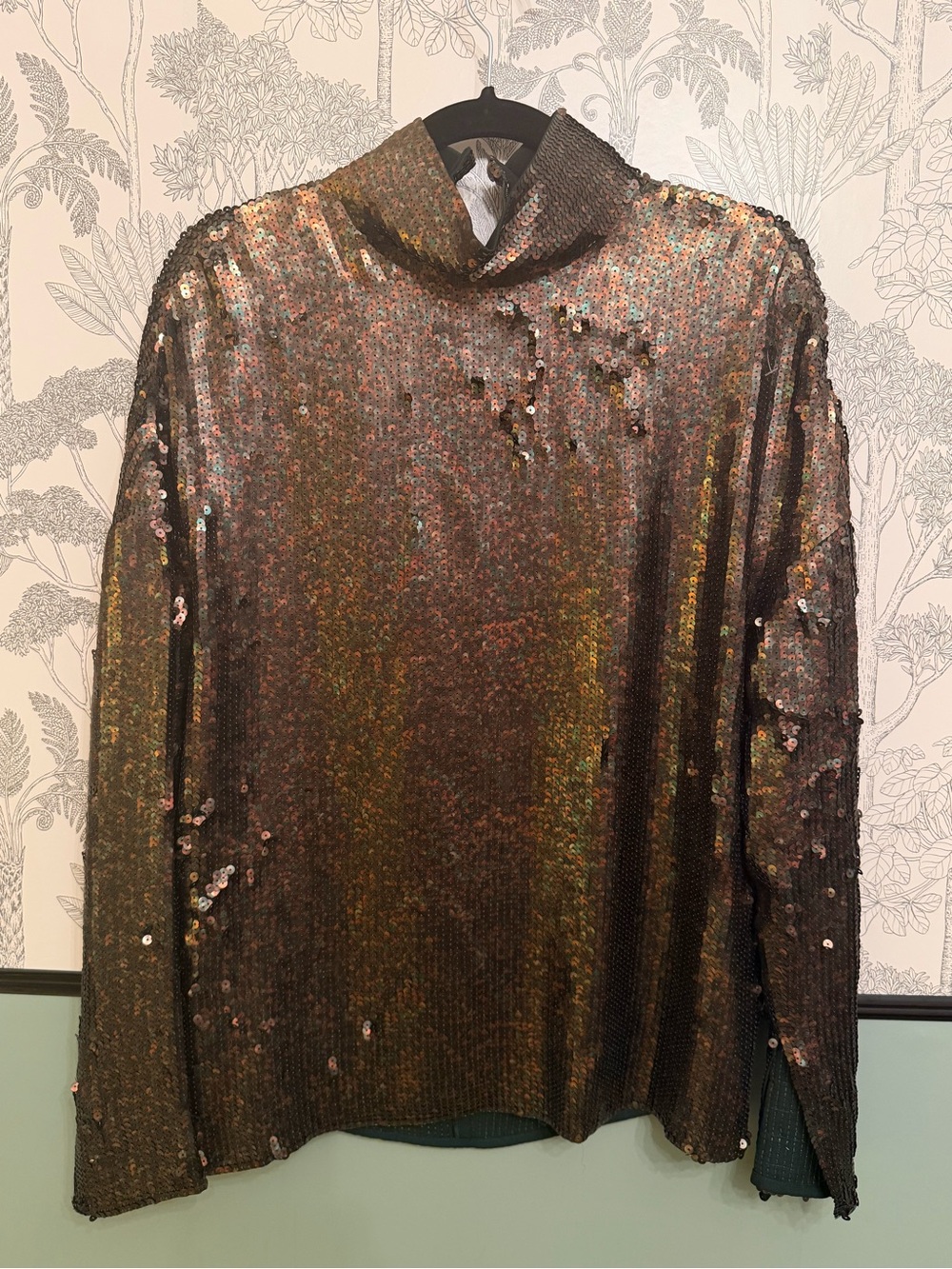 Tibi Iridescent Sequin Mock Neck Top in Brown and Multicolor Shimmer